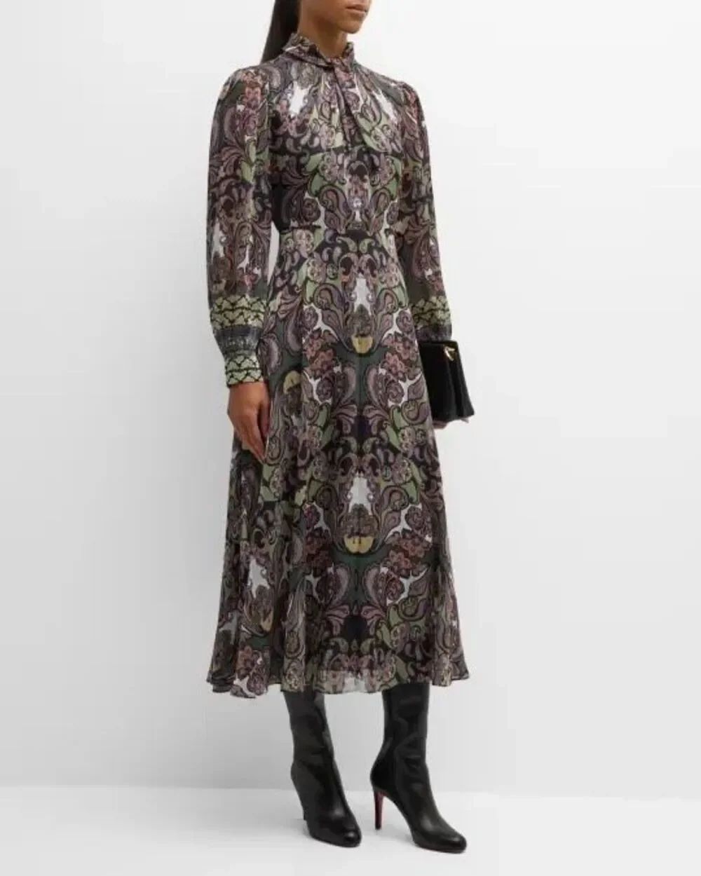 Elie Tahari The Raquel Tie-Neck Paisley-Print Midi Dress Green Multi Size 6